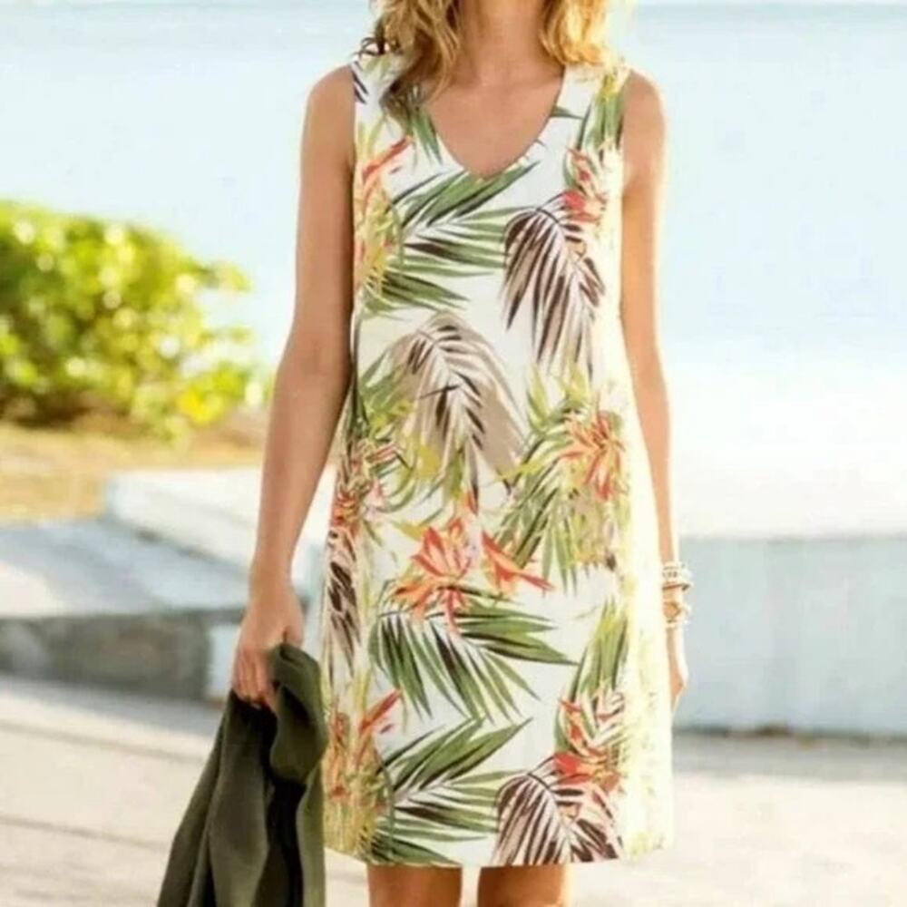 J. Jill Linen Tiger Lily Jungle Tank Dress Tropical Beachy Resortwear Boho sz L